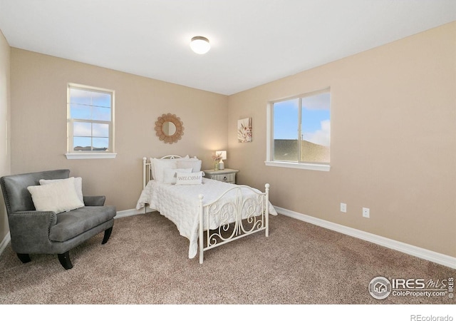 bedroom with multiple windows, baseboards, and carpet flooring