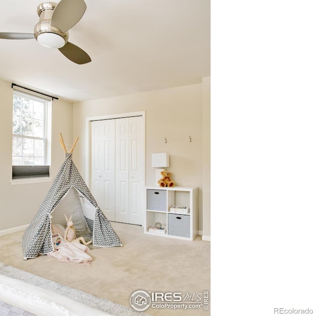 1516 Columbine Ave, Boulder, CO 80302 - recreation room with carpet, a ceiling fan, and baseboards