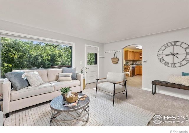 living room featuring light carpet, baseboards, and arched walkways