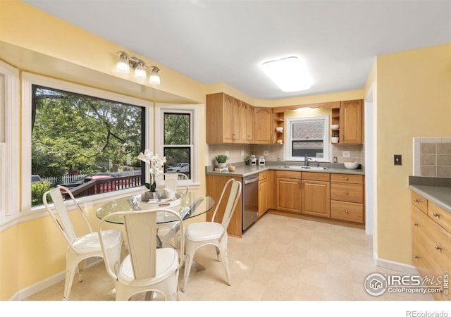 kitchen featuring open shelves, light countertops, decorative backsplash, stainless steel dishwasher, and a sink