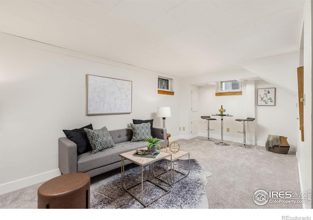 living area with carpet floors and baseboards