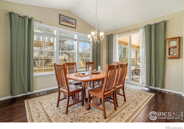 dining area featuring vaulted ceiling, dark wood-type flooring, visible vents, and a healthy amount of sunlight