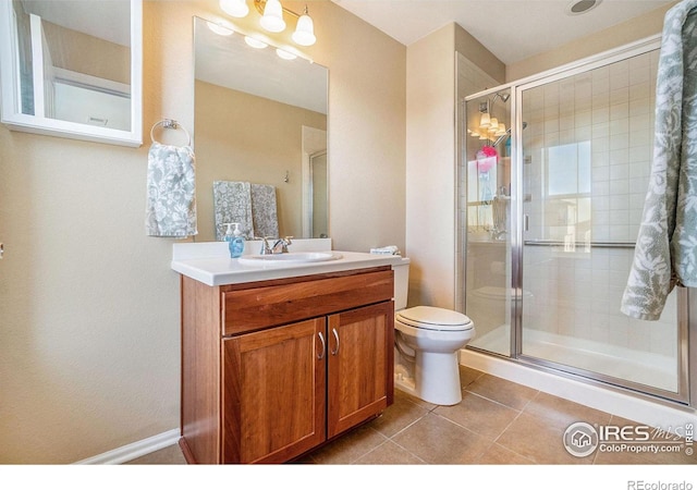 full bath featuring toilet, a shower stall, tile patterned flooring, and vanity