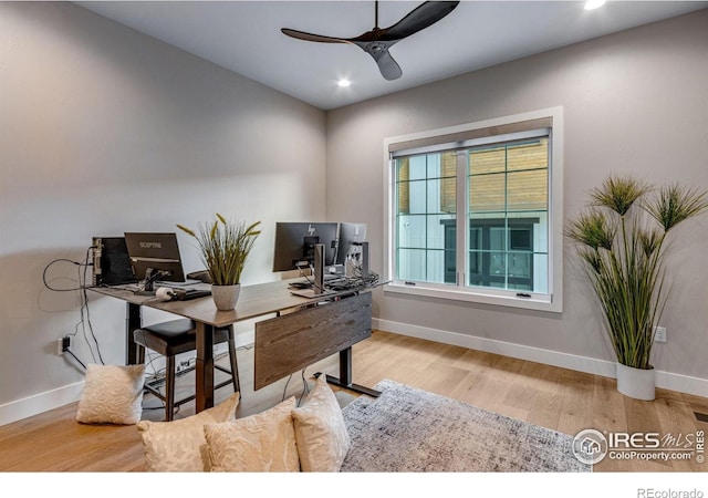 home office featuring ceiling fan, baseboards, wood finished floors, and recessed lighting