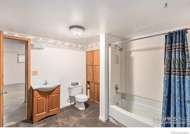 full bath with shower / bathtub combination with curtain, visible vents, vanity, and toilet