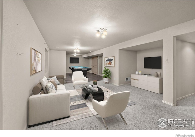 living area featuring visible vents, light colored carpet, a textured ceiling, billiards, and baseboards