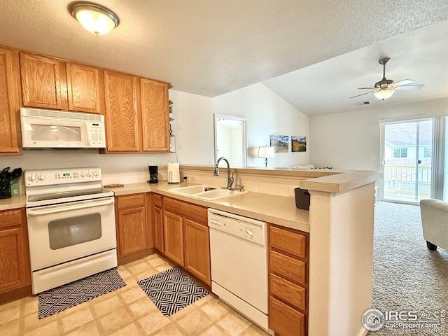 4645 Hahns Peak Dr Unit 201, Loveland, CO 80538 - kitchen with white appliances, a peninsula, a sink, vaulted ceiling, and light countertops
