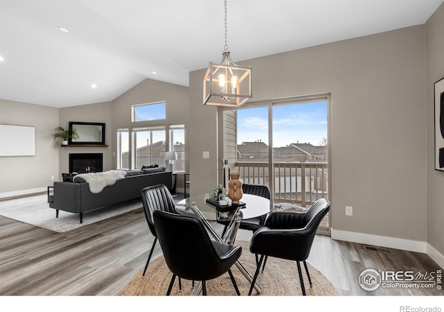 dining room featuring a warm lit fireplace, plenty of natural light, baseboards, and wood finished floors