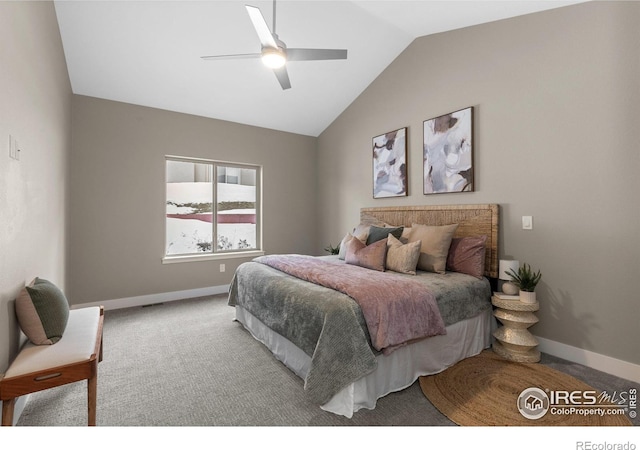 bedroom featuring vaulted ceiling, ceiling fan, light carpet, and baseboards