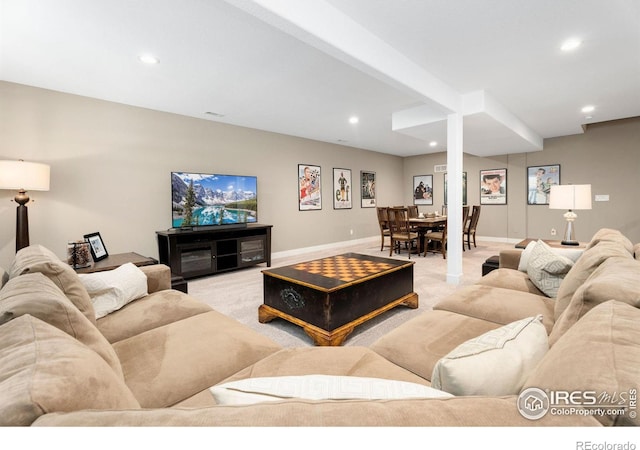 living room with light carpet, baseboards, and recessed lighting