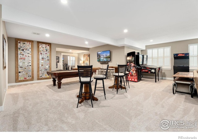 game room with light carpet, baseboards, and recessed lighting