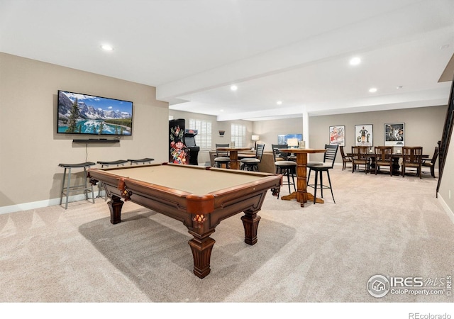 game room with baseboards, recessed lighting, and light colored carpet