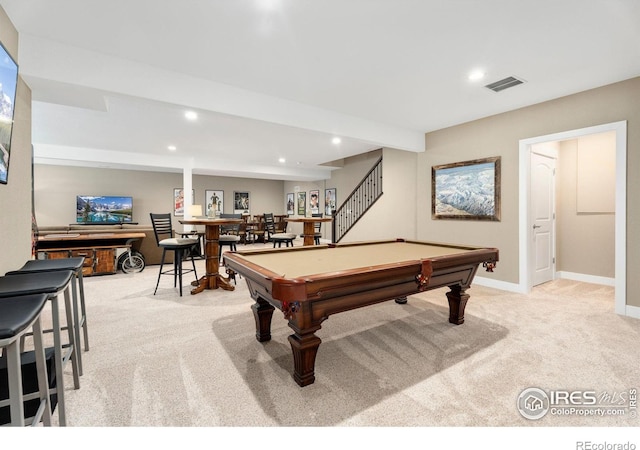 playroom with recessed lighting, light carpet, pool table, visible vents, and baseboards