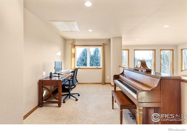 office with recessed lighting, light colored carpet, and baseboards