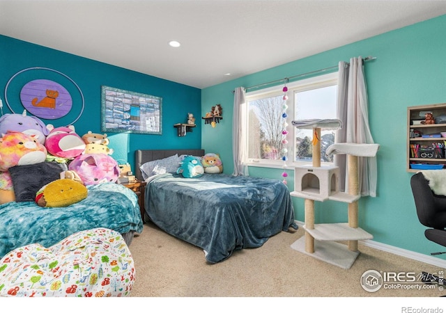 bedroom with recessed lighting, carpet flooring, and baseboards