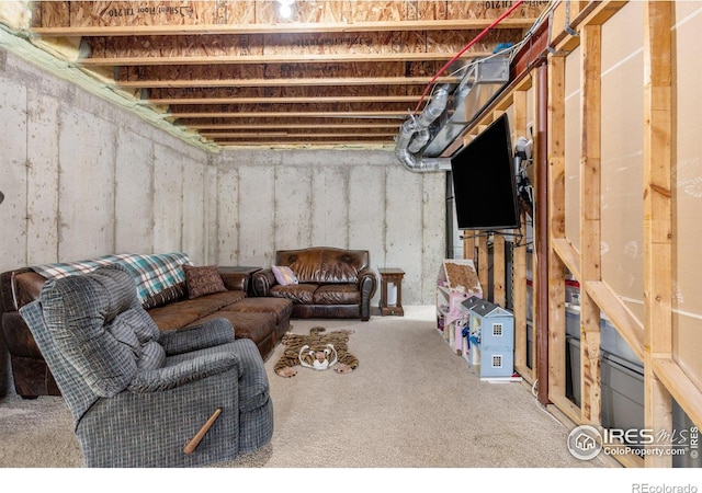 unfinished basement with carpet flooring