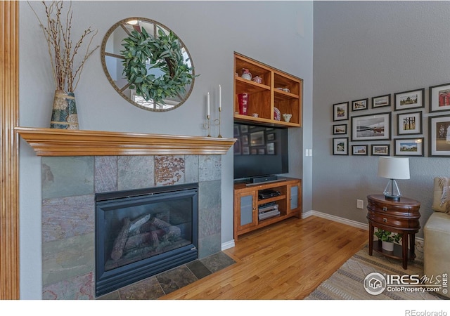 living room featuring a fireplace, baseboards, and wood finished floors