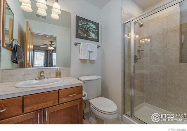 full bath featuring toilet, vanity, a shower stall, and visible vents