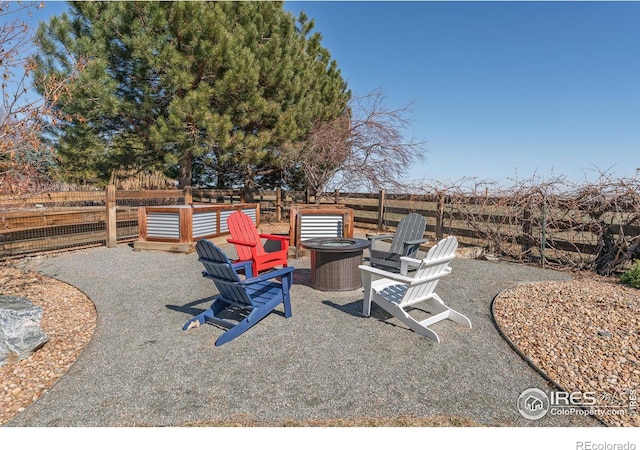 view of patio / terrace featuring an outdoor fire pit and fence