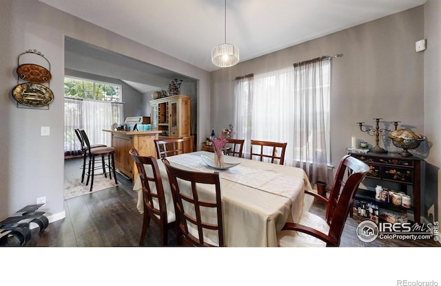 dining room featuring lofted ceiling and dark wood-style floors