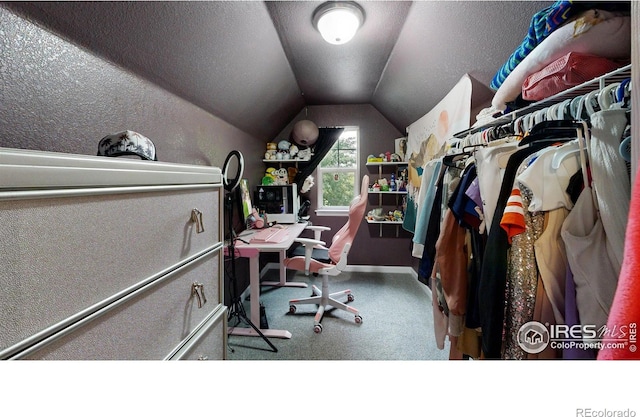 spacious closet featuring lofted ceiling and carpet floors