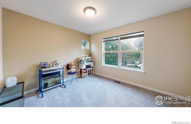 interior space featuring carpet flooring, visible vents, and baseboards