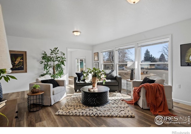 living room featuring baseboards and dark wood finished floors