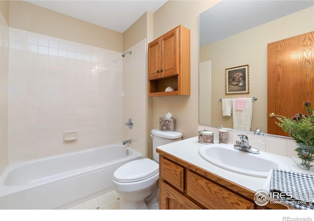 full bathroom with toilet, vanity, and shower / bathtub combination