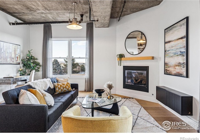 living area featuring light wood-style floors and a glass covered fireplace