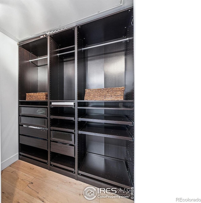 walk in closet with wood finished floors