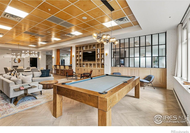 playroom featuring a paneled ceiling, visible vents, a raised ceiling, and pool table