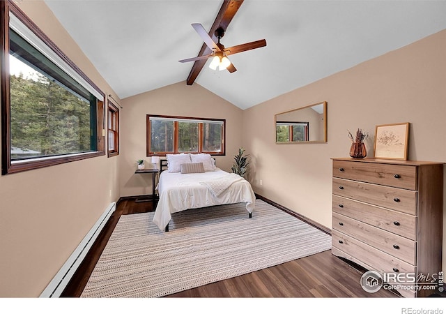 bedroom with lofted ceiling with beams, baseboards, a baseboard heating unit, and dark wood finished floors