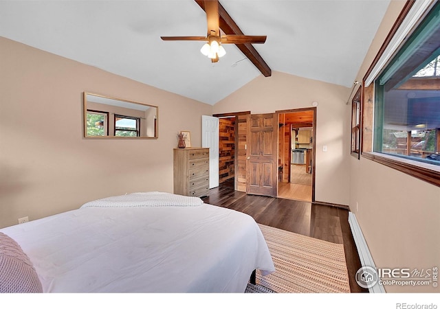 bedroom featuring vaulted ceiling with beams, baseboards, dark wood finished floors, and a ceiling fan