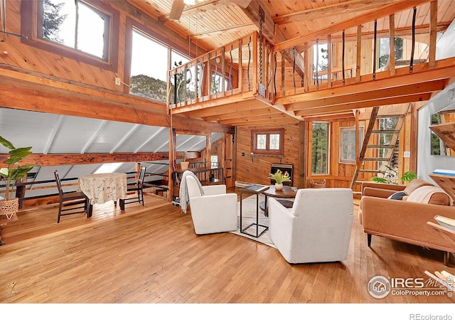 living area featuring high vaulted ceiling, wooden ceiling, wood finished floors, and wooden walls