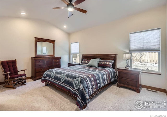 carpeted bedroom with ceiling fan, recessed lighting, visible vents, baseboards, and vaulted ceiling