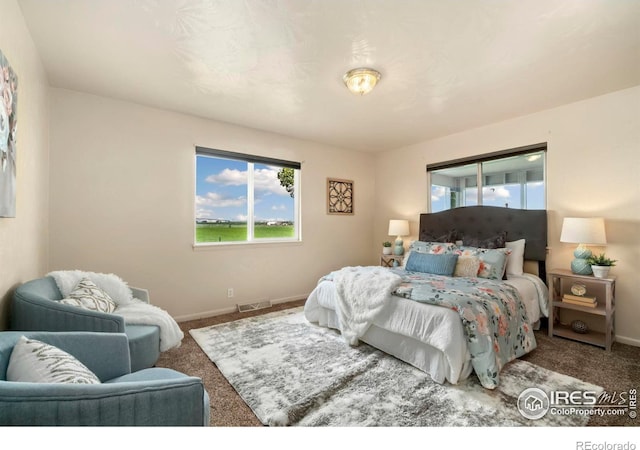 bedroom with carpet, visible vents, and baseboards