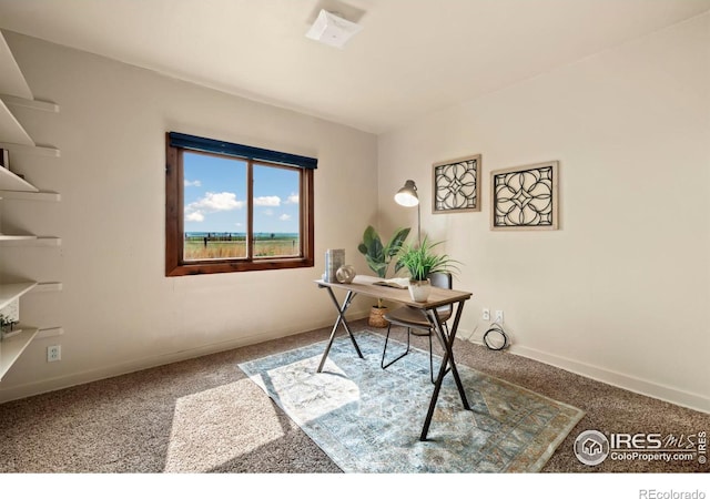 carpeted home office with baseboards