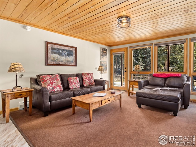 living room with a baseboard heating unit, ornamental molding, wood ceiling, and light colored carpet