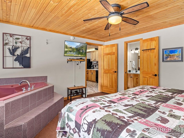 bedroom with ornamental molding, wood ceiling, and ensuite bathroom