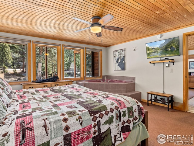 bedroom featuring carpet floors, ornamental molding, wooden ceiling, and baseboards