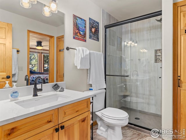 ensuite bathroom featuring toilet, a stall shower, connected bathroom, and vanity