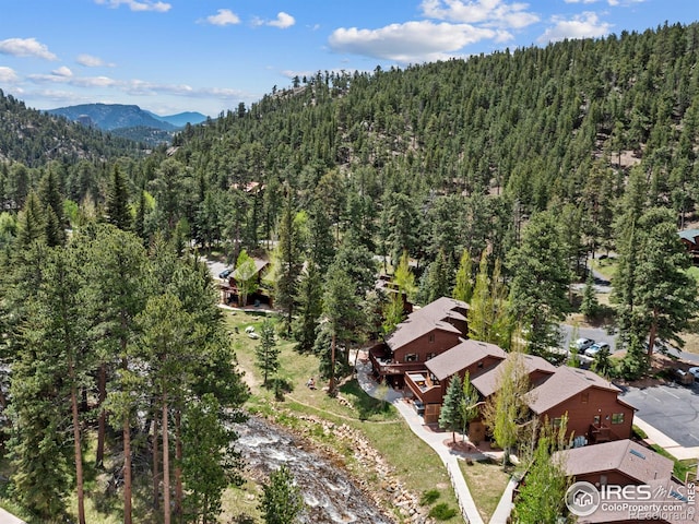 drone / aerial view with a mountain view and a wooded view