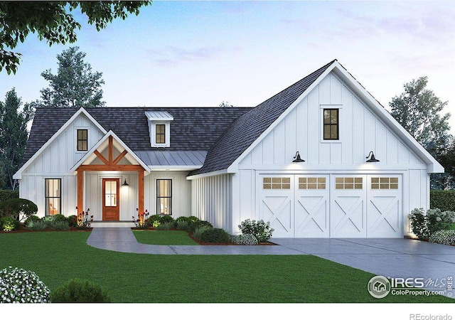 modern inspired farmhouse featuring board and batten siding, a front yard, metal roof, and driveway