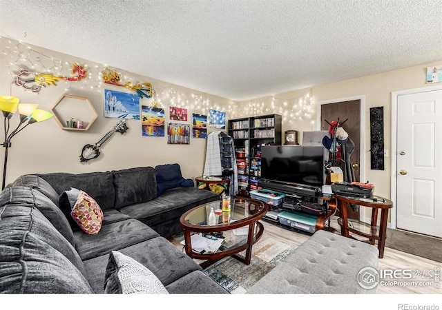 living room with a textured ceiling and wood finished floors