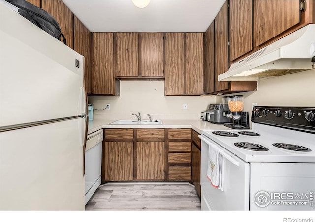 kitchen with white appliances, under cabinet range hood, light countertops, and a sink