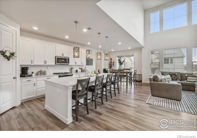 kitchen with white cabinetry, a kitchen island with sink, and stainless steel microwave