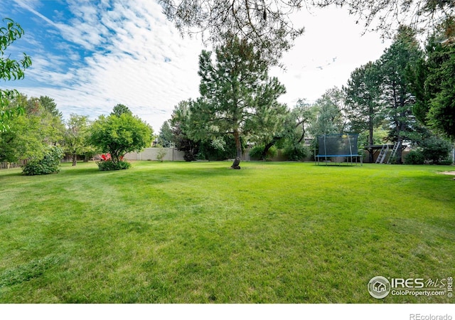 view of yard featuring a trampoline and fence