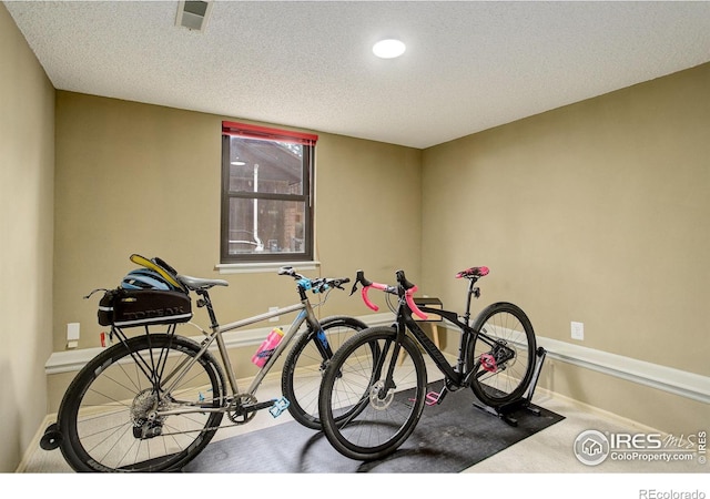 workout room featuring visible vents, baseboards, a textured ceiling, and carpet flooring