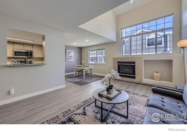 living area with a tiled fireplace, baseboards, and wood finished floors