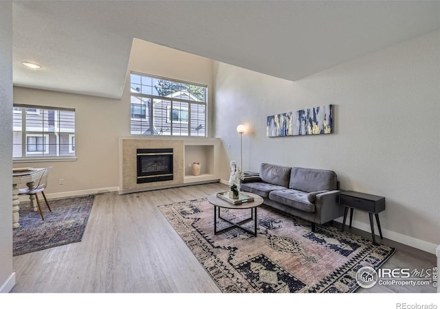 living room with baseboards, a tiled fireplace, and wood finished floors